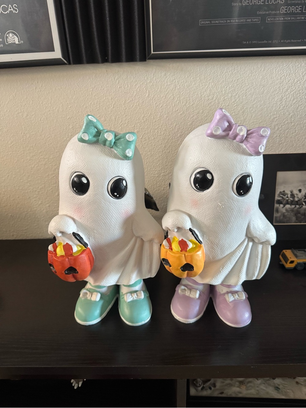 Ghost twins with bows holding pumpkin bucket Halloween spooky decor